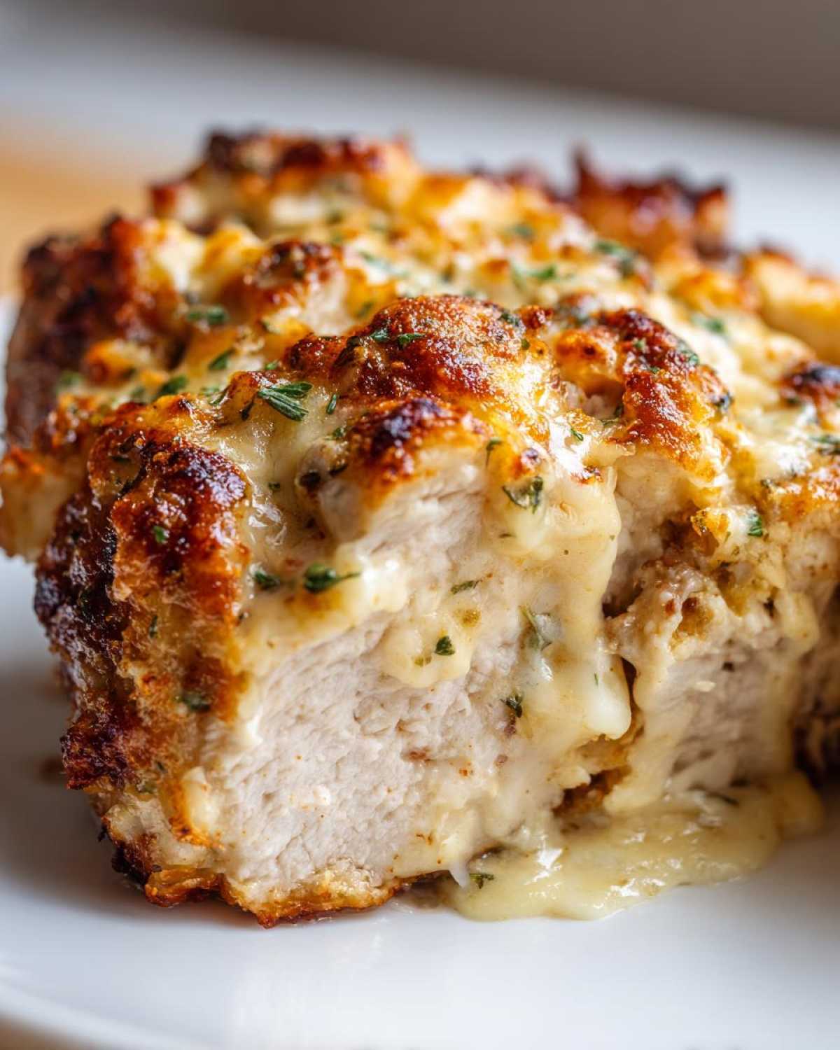Close-up of juicy caesar chicken breast, showing the white interior and a creamy, melted cheese topping.