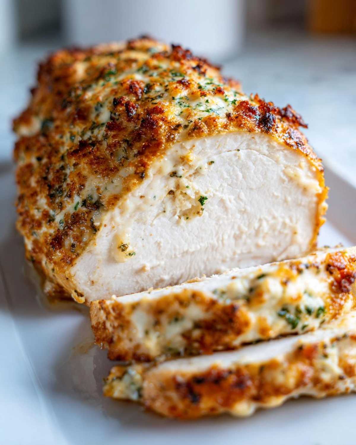 Close-up of a juicy caesar chicken breast, sliced to show the moist interior and cheesy, herbed crust.