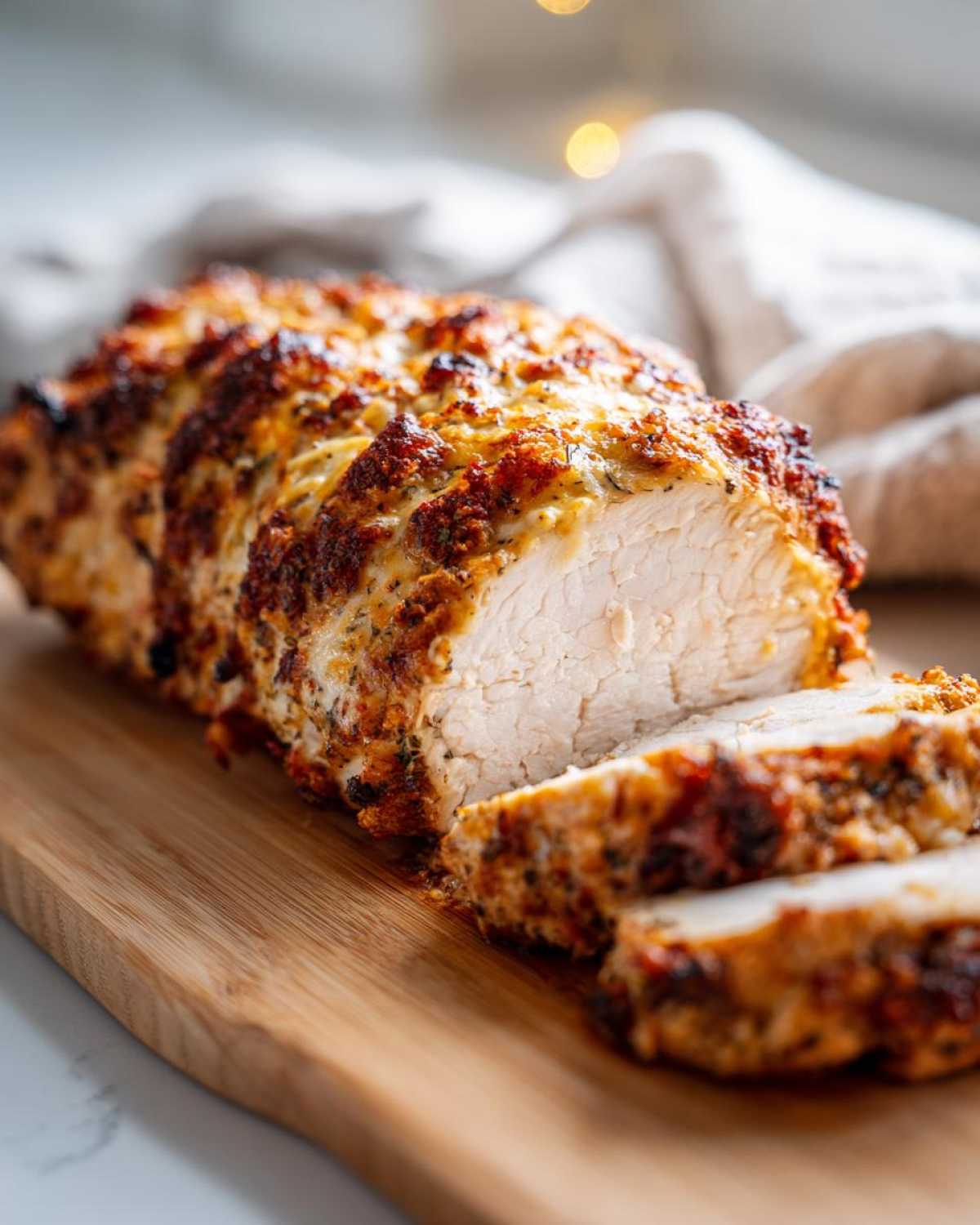 Close-up of sliced caesar chicken breast with a golden, seasoned, and slightly cheesy crust on a wooden cutting board.