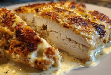 Close-up of sliced, juicy caesar chicken breast covered in a creamy, browned topping and sauce.