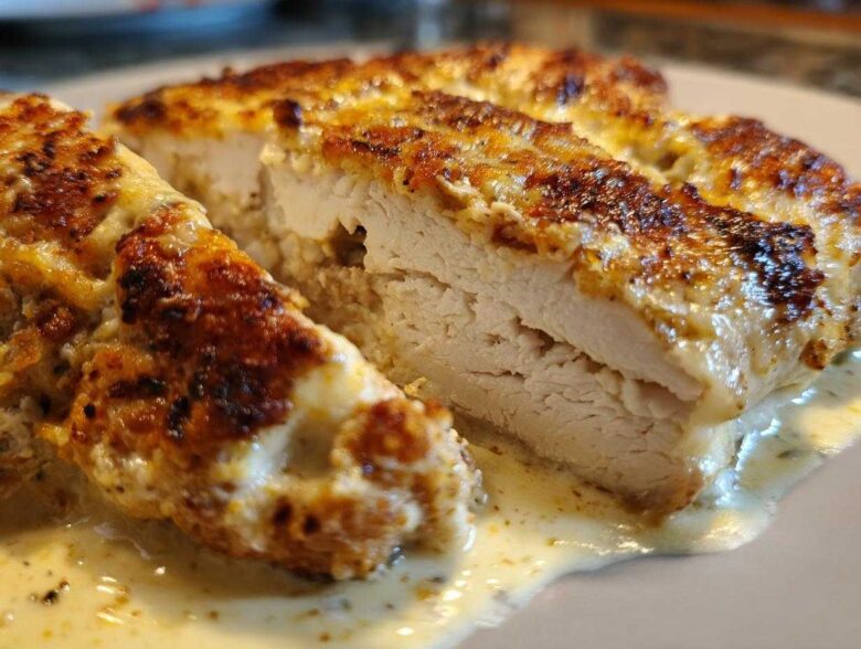 Close-up of sliced, juicy caesar chicken breast covered in a creamy, browned topping and sauce.