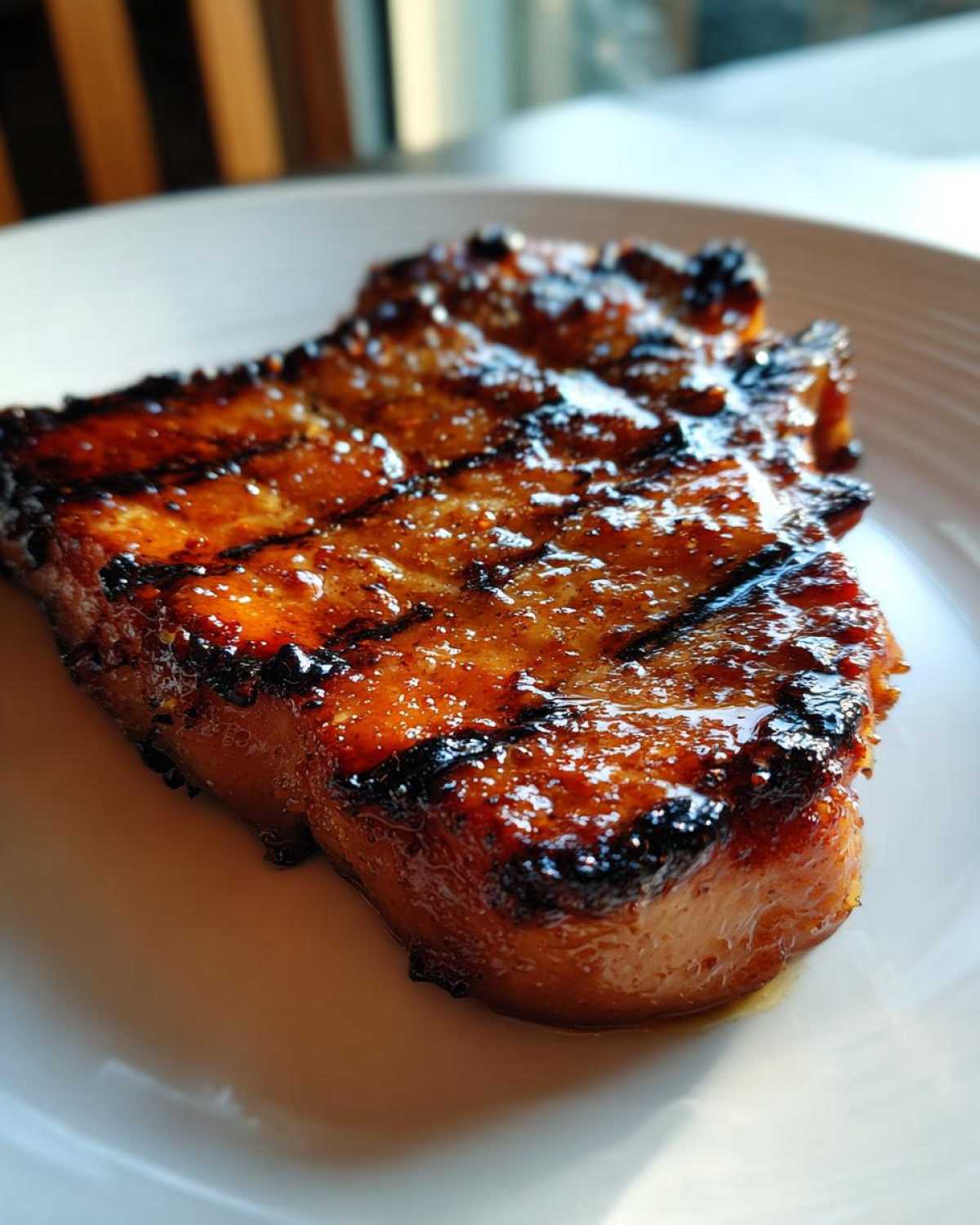 Close-up of a perfectly cooked, juicy pork steak recipe with a shiny glaze and dark grill marks.