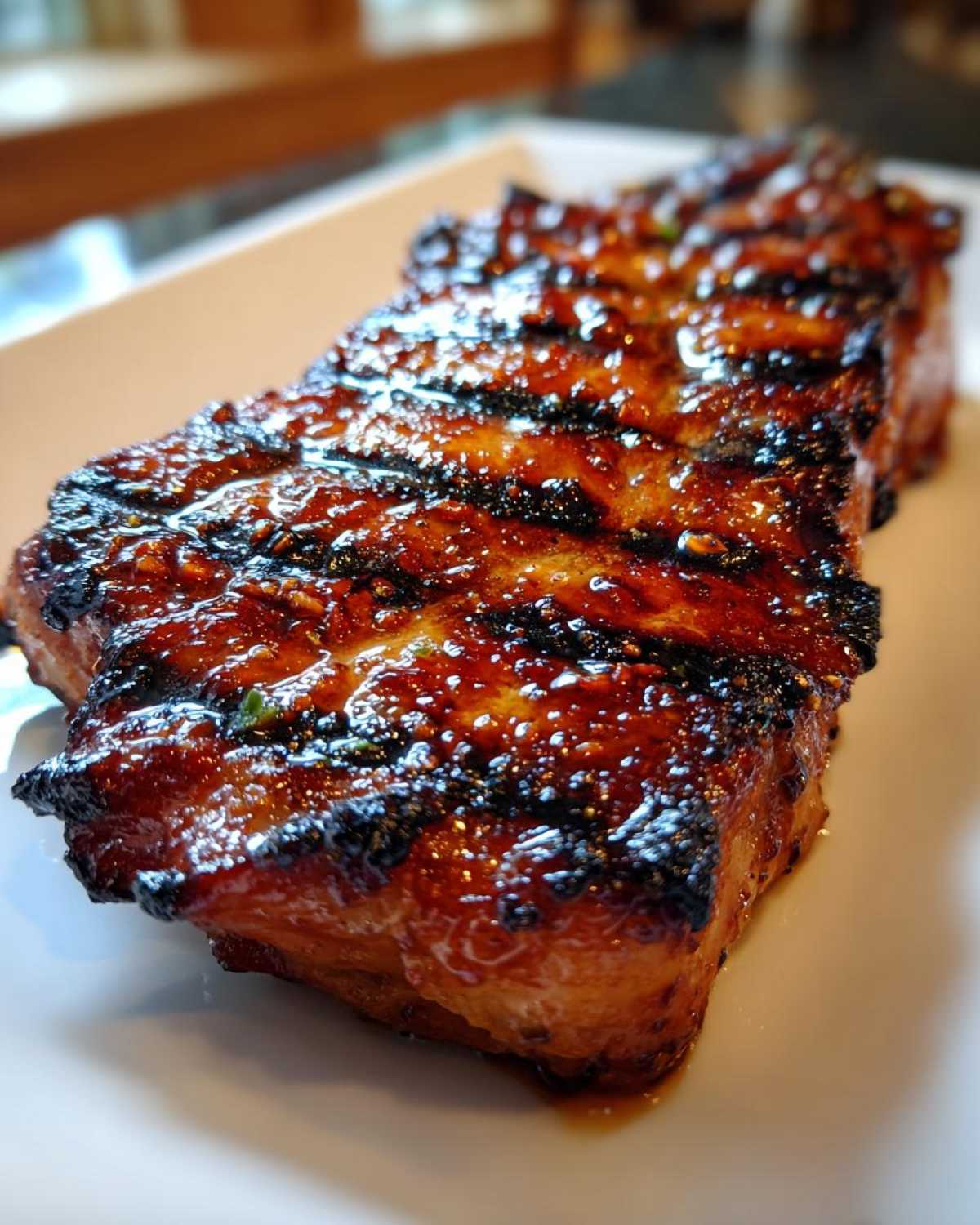 Close-up of a thick, juicy pork steak recipe cut with dark, caramelized grill marks and a shiny glaze.