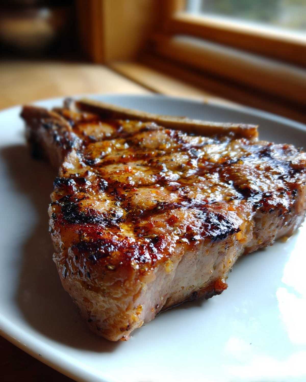 Close-up of a thick, grilled pork chop showing grill marks and a glossy glaze, ready after using the marinade for pork chops.