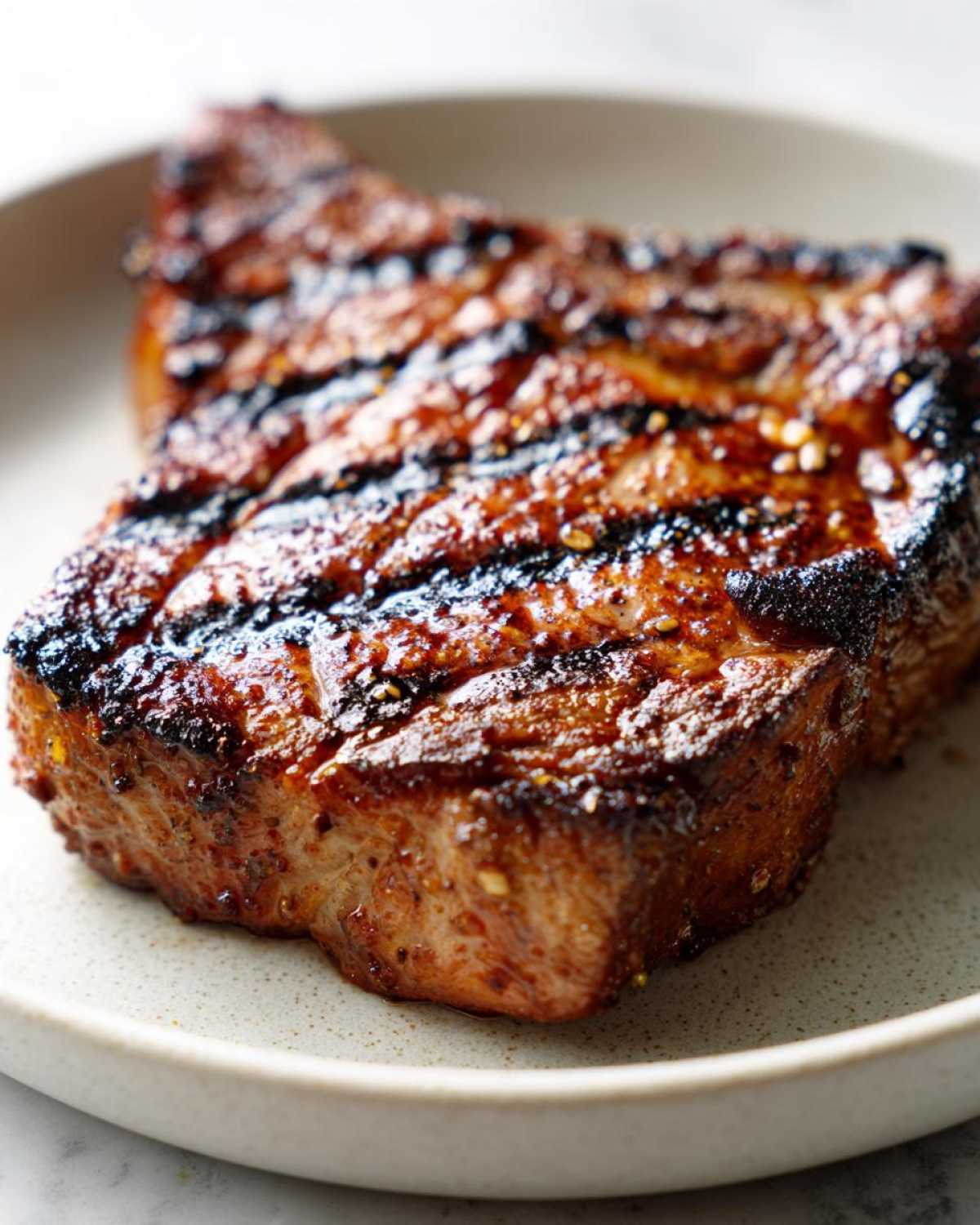 Close-up of a juicy, caramelized pork steak recipe cut, showing dark grill marks on a light plate.