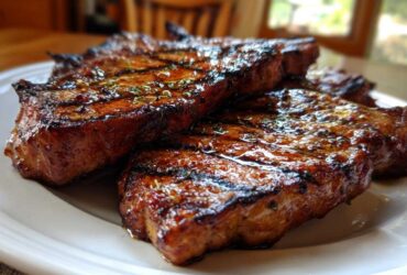 Close-up of three juicy, glazed pork steak recipe cuts with prominent grill marks on a white plate.