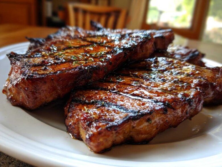 Close-up of three juicy, glazed pork steak recipe cuts with prominent grill marks on a white plate.