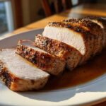 Close-up of a perfectly cooked pork loin roast, sliced and resting in its juices on a white platter.