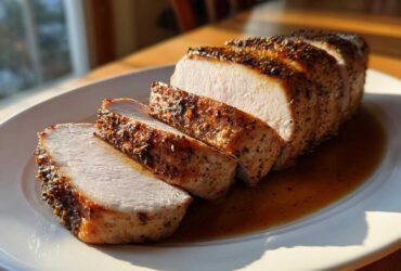 Close-up of a perfectly cooked pork loin roast, sliced and resting in its juices on a white platter.