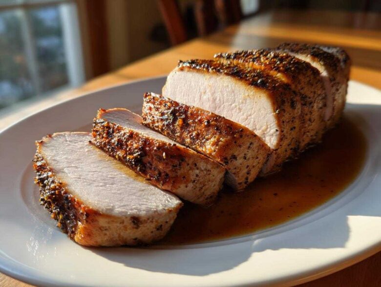Close-up of a perfectly cooked pork loin roast, sliced and resting in its juices on a white platter.