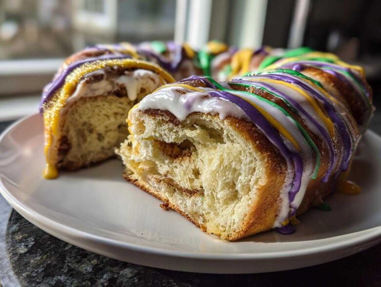A slice cut from a homemade king cake showing the soft, layered interior and Mardi Gras colored icing.
