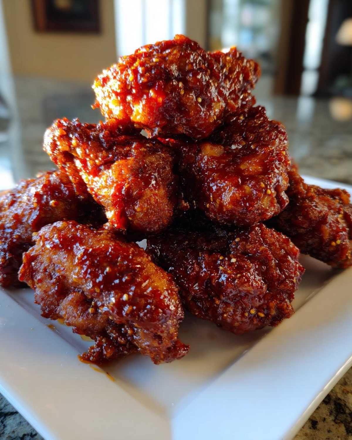 Close-up of a stack of crispy korean fried chicken wings coated in a thick, glossy, dark red spicy glaze.