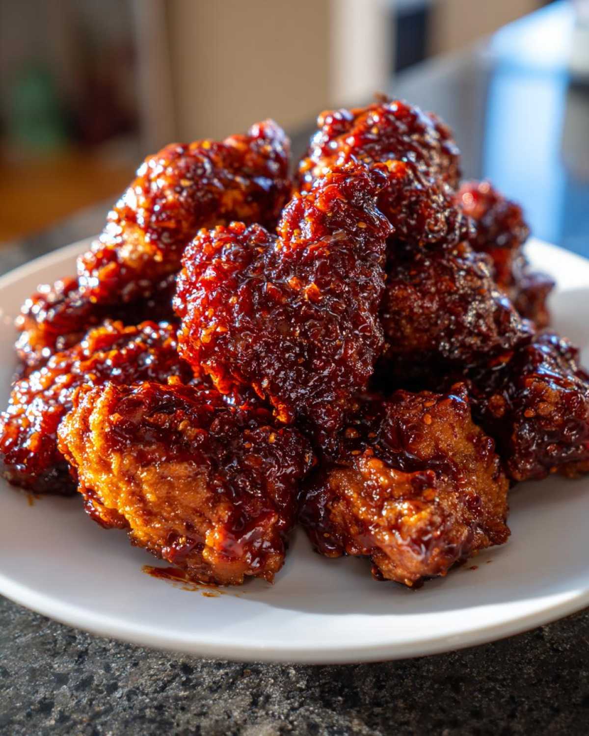 A mound of crispy korean fried chicken pieces coated in a thick, dark red, glossy spicy sauce.