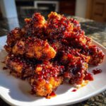 Close-up of crispy korean fried chicken pieces coated in a thick, glossy, dark red chili glaze.