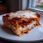 A thick, layered slice of Lasagna with Cottage Cheese, topped with melted mozzarella and rich tomato sauce.