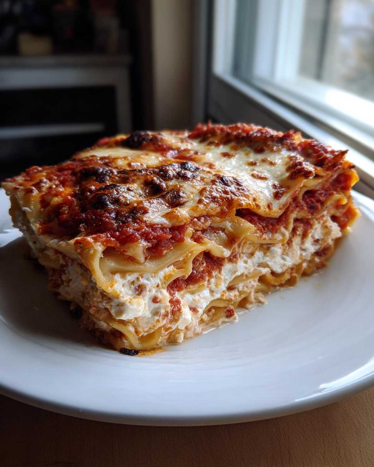 A thick, layered slice of lasagna with cottage cheese, rich tomato sauce, and browned cheese topping.