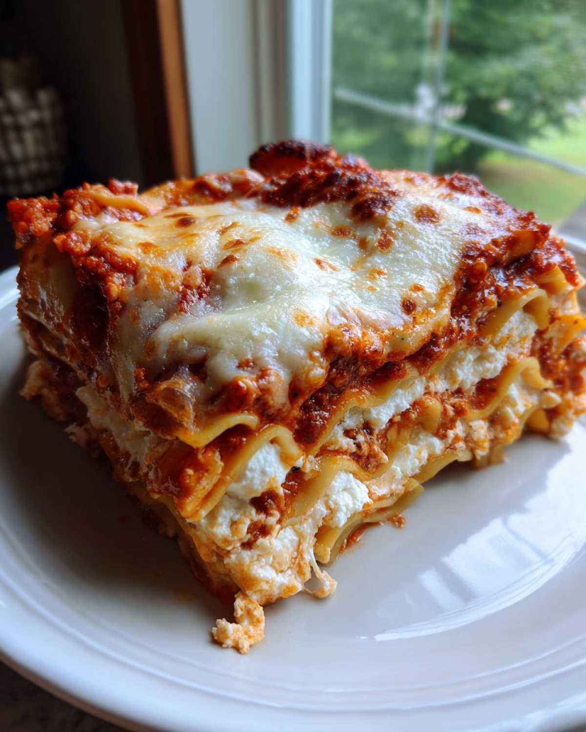 A thick, layered slice of lasagna with cottage cheese filling and melted mozzarella topping.