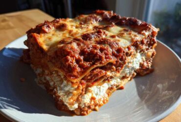 A thick, layered slice of Lasagna with Cottage Cheese featuring rich meat sauce and melted cheese topping.
