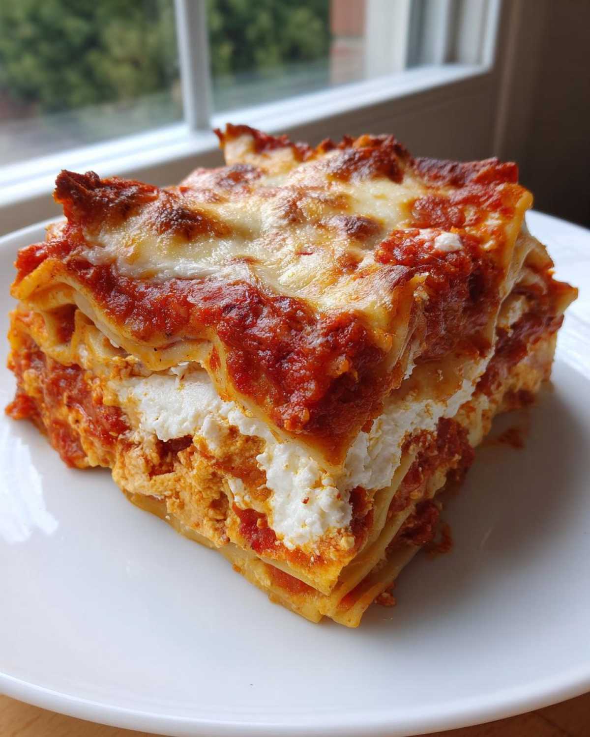 A generous slice of lasagna with cottage cheese layers, topped with melted cheese and tomato sauce.