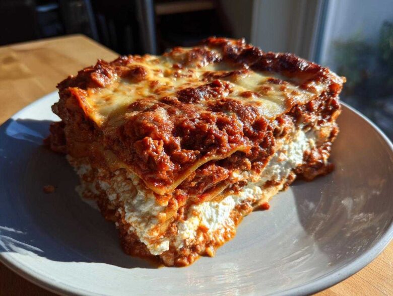 A thick, layered slice of Lasagna with Cottage Cheese featuring rich meat sauce and melted cheese topping.