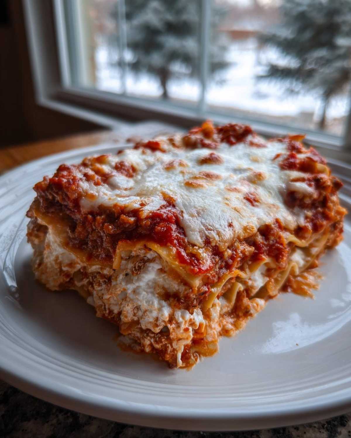 A hearty slice of Lasagna with Cottage Cheese showing layers of pasta, rich sauce, and melted cheese topping.
