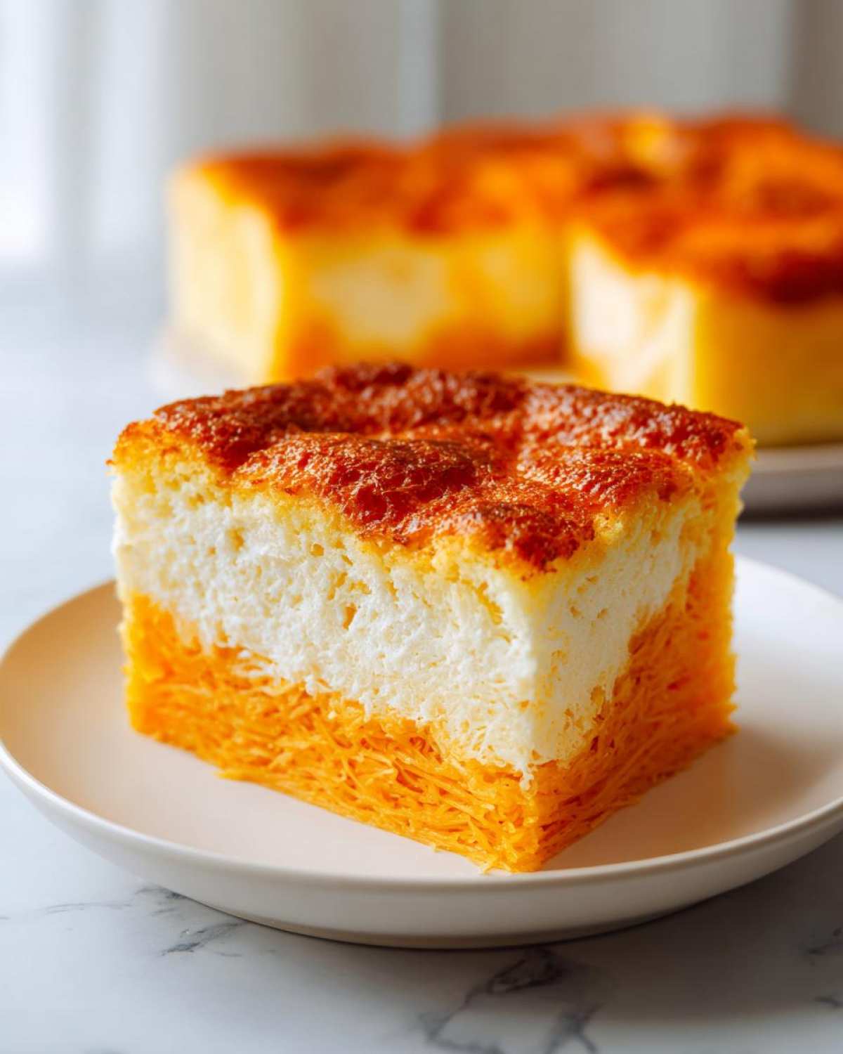 A square slice of layered cassava cake featuring a bright orange, shredded bottom layer and a creamy white top layer with a browned crust.