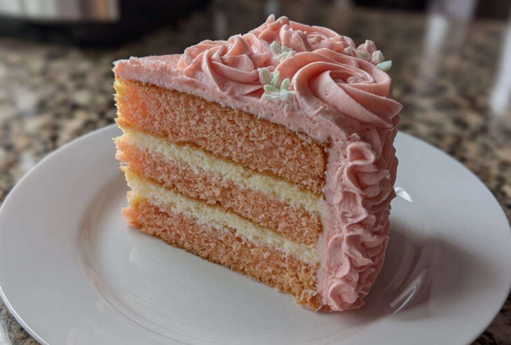 A tall slice of layered rose cake featuring pink and white sponge layers and pink rosette frosting.