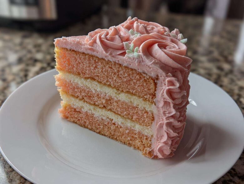 A tall slice of layered rose cake featuring pink and white sponge layers and pink rosette frosting.