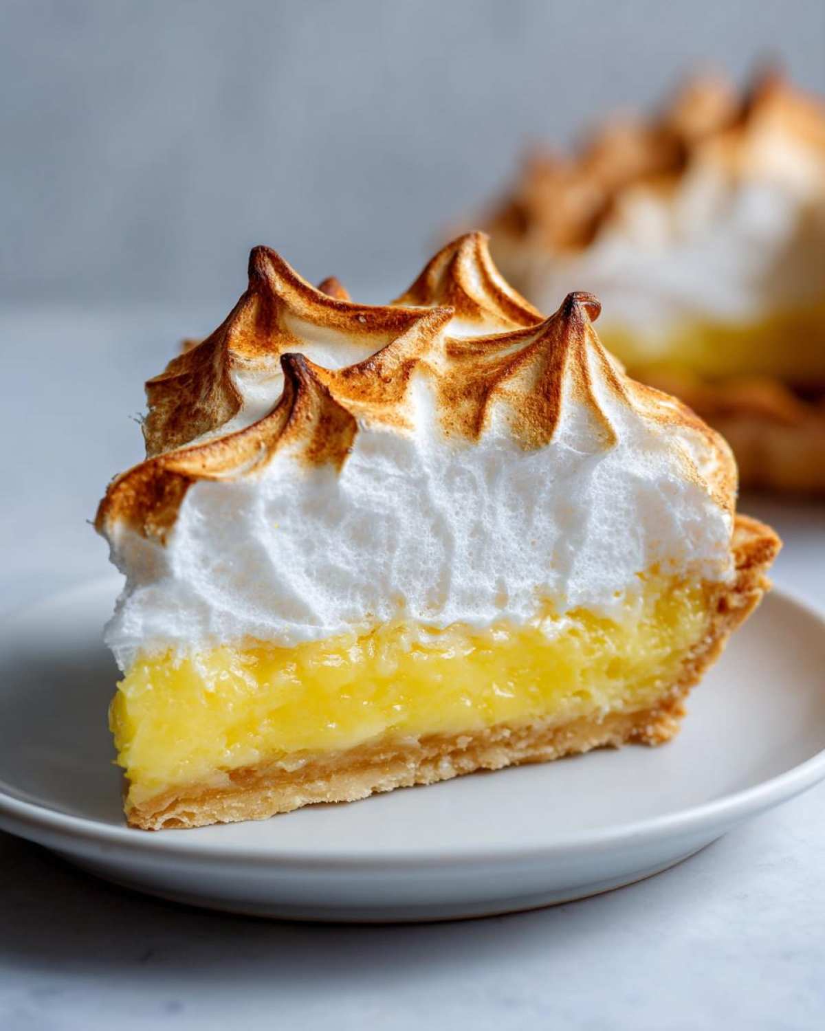 Close-up of a thick slice of lemon meringue pie showing bright yellow filling and peaks of toasted meringue.