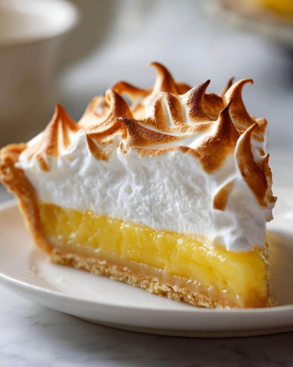 A close-up slice of lemon meringue pie showing bright yellow filling and tall, toasted meringue peaks.