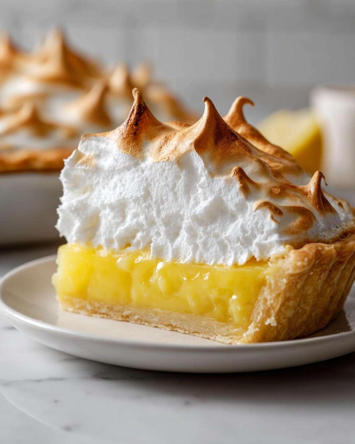 Close-up of a slice of lemon meringue pie showing bright yellow filling and toasted meringue peaks.