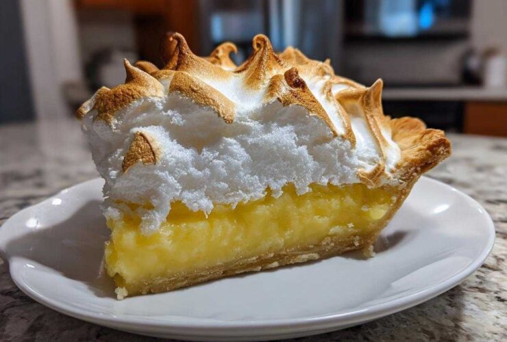 A generous slice of lemon meringue pie showing bright yellow filling and tall, toasted meringue peaks.