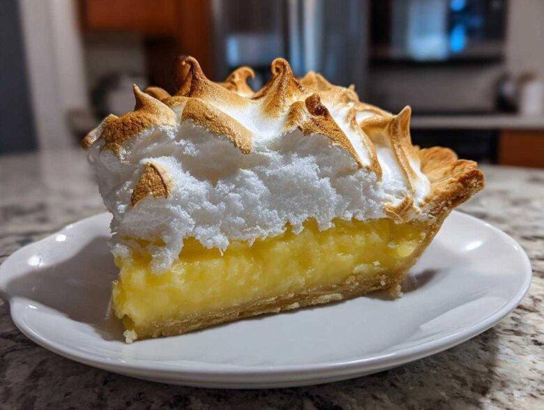 A generous slice of lemon meringue pie showing bright yellow filling and tall, toasted meringue peaks.