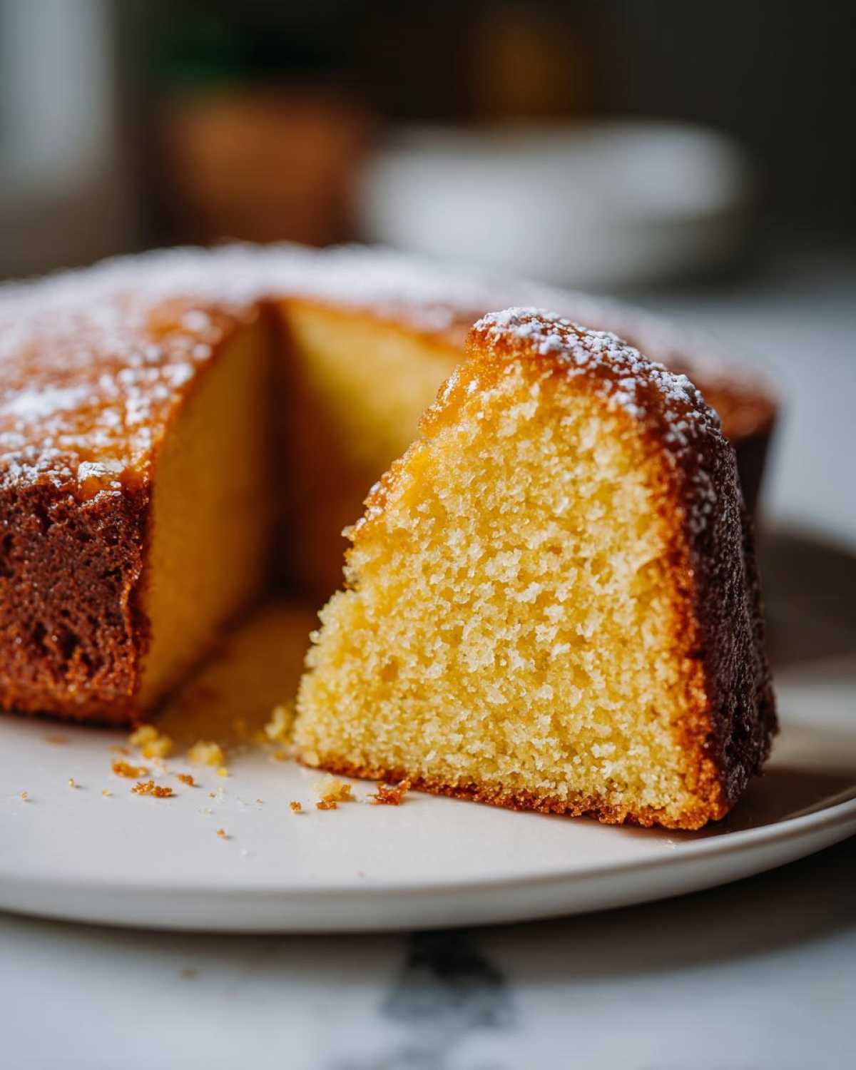 Close-up of a moist slice cut from a lemon olive oil cake, topped with powdered sugar.