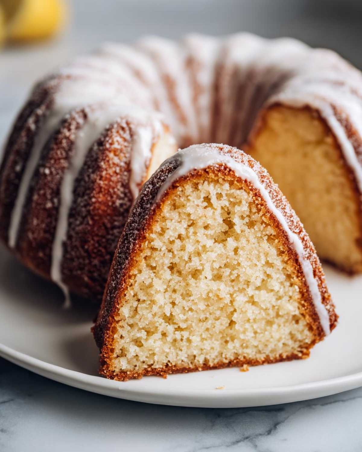 Close-up of a slice of moist lemon olive oil cake with white glaze drizzled over the top.