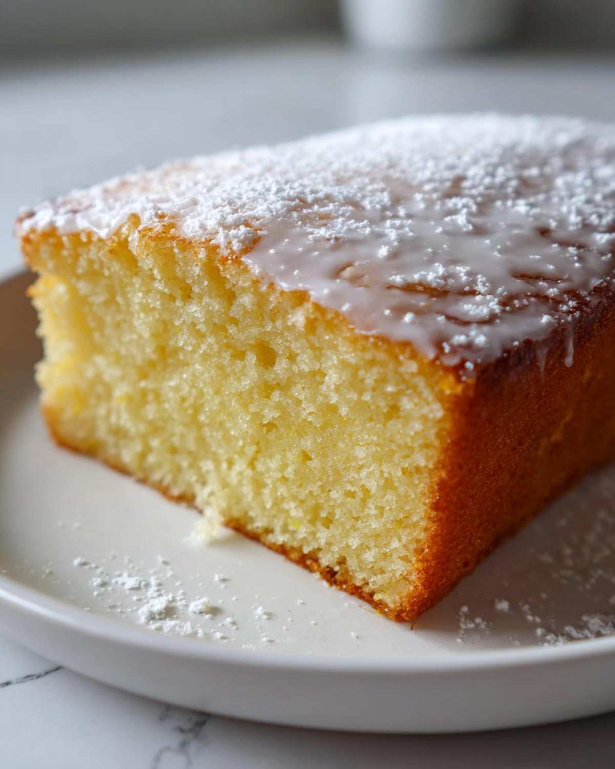 Close-up of a moist slice of lemon olive oil cake topped with white glaze and powdered sugar.