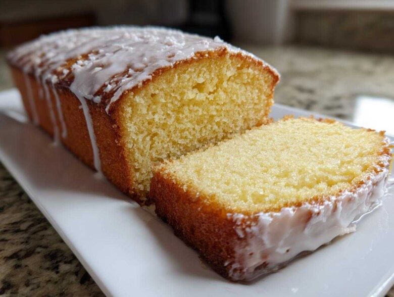 Close-up of a sliced lemon olive oil cake loaf drizzled with white glaze on a white platter.
