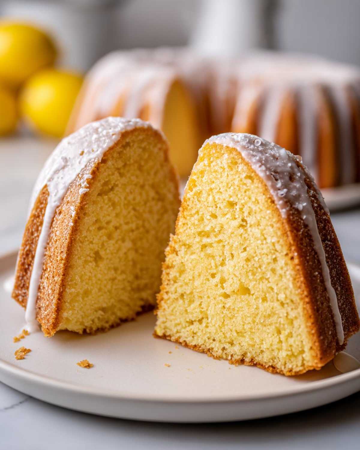 Two slices of moist lemon olive oil cake topped with white glaze, set before the rest of the bundt cake.