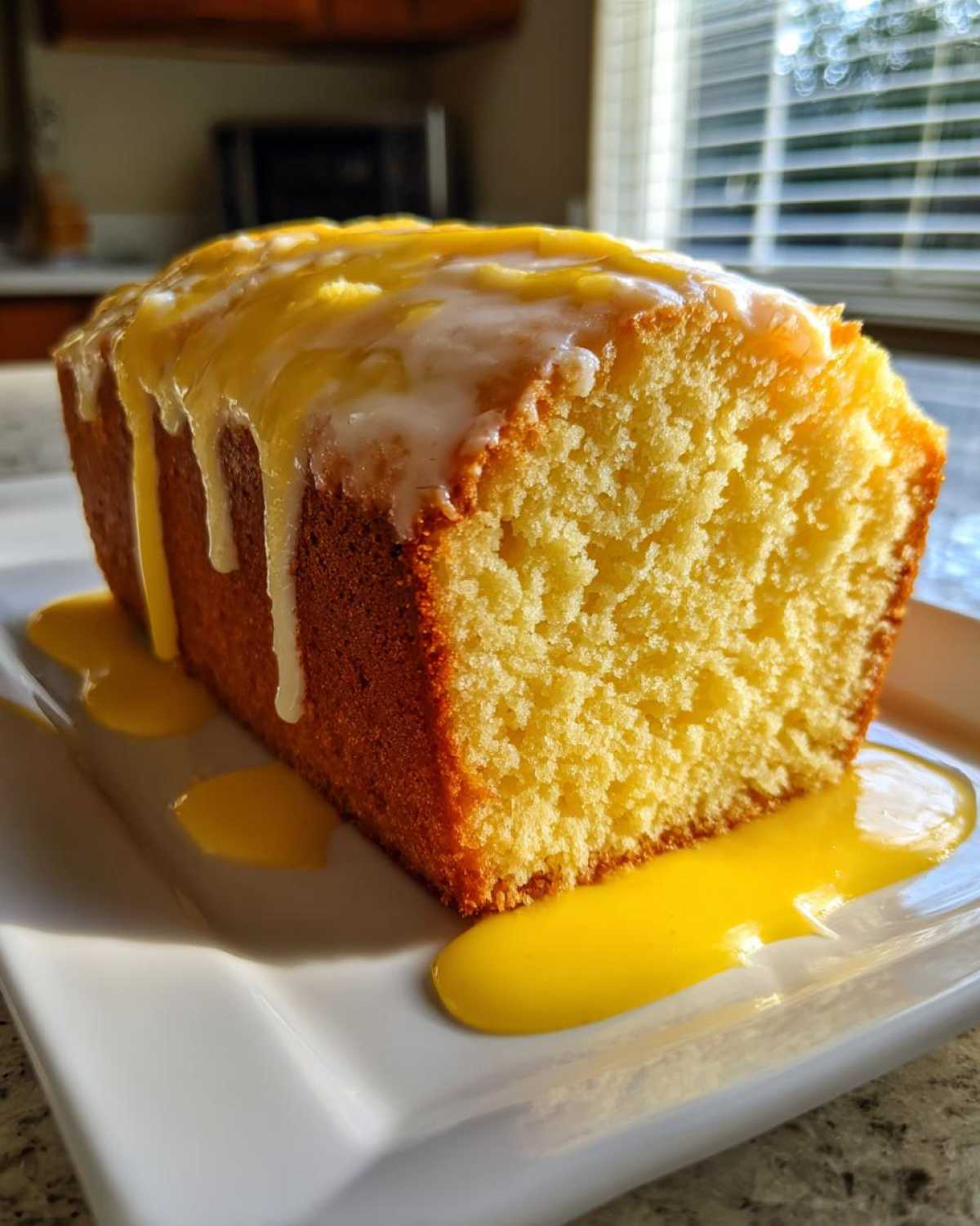 A close-up of a slice of moist lemon pound cake topped with dripping white and yellow lemon glaze.