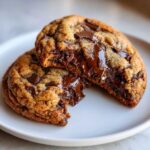 A giant levain bakery chocolate chip cookie broken in half, showing melted chocolate oozing out.