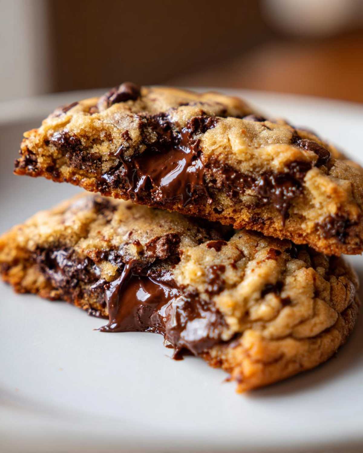 Close-up of a levain bakery chocolate chip cookies cut in half showing gooey, melted chocolate center.