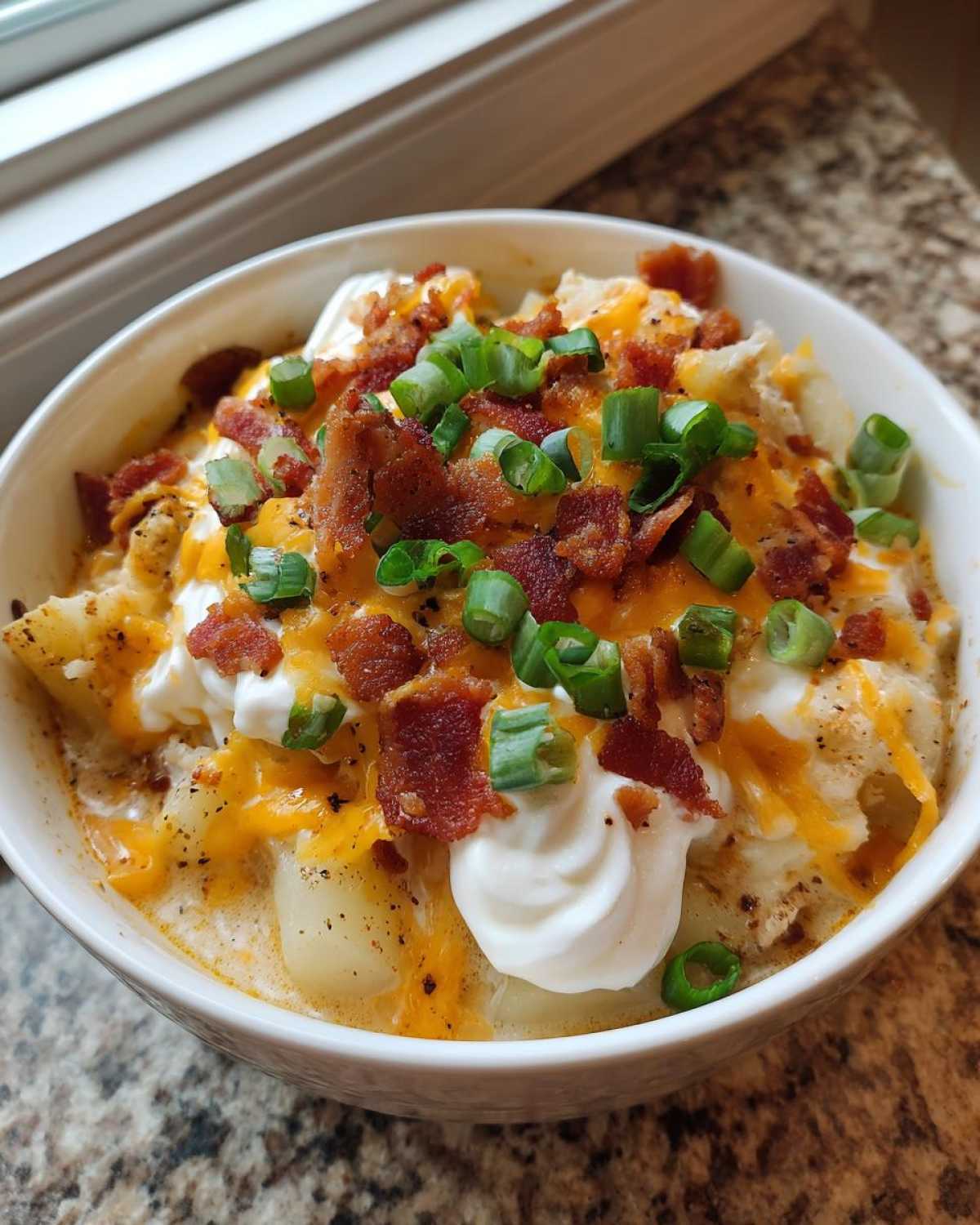 A close-up of a bowl of loaded baked potato soup topped generously with sour cream, shredded cheddar, crispy bacon bits, and green onions.