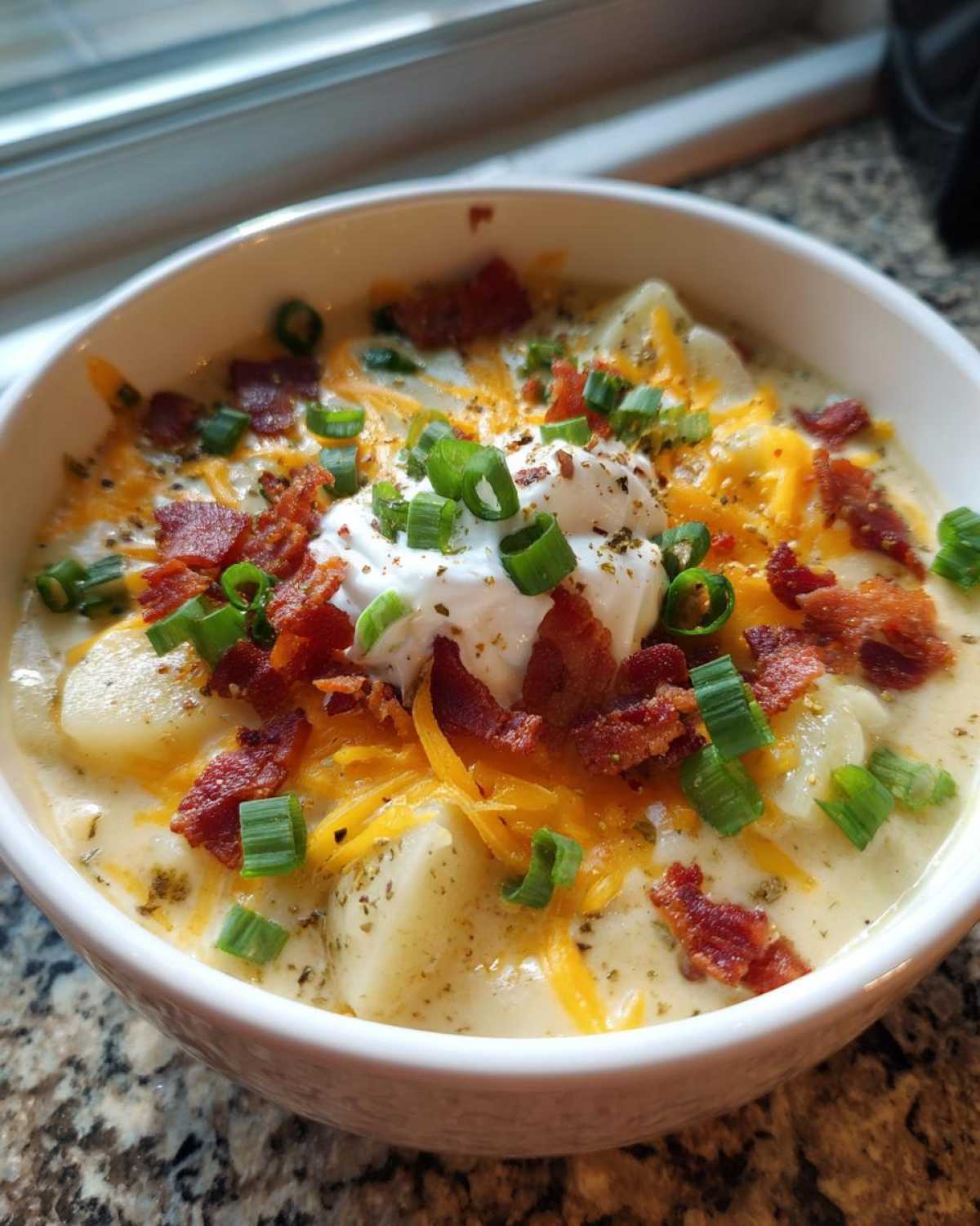 A close-up view of a bowl of creamy loaded baked potato soup topped with sour cream, bacon, cheese, and green onions.
