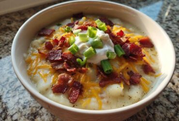 A close-up of a creamy bowl of loaded baked potato soup topped with cheddar cheese, bacon bits, sour cream, and green onions.