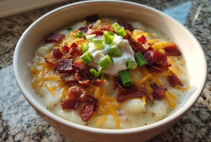 A close-up of a creamy bowl of loaded baked potato soup topped with cheddar cheese, bacon bits, sour cream, and green onions.