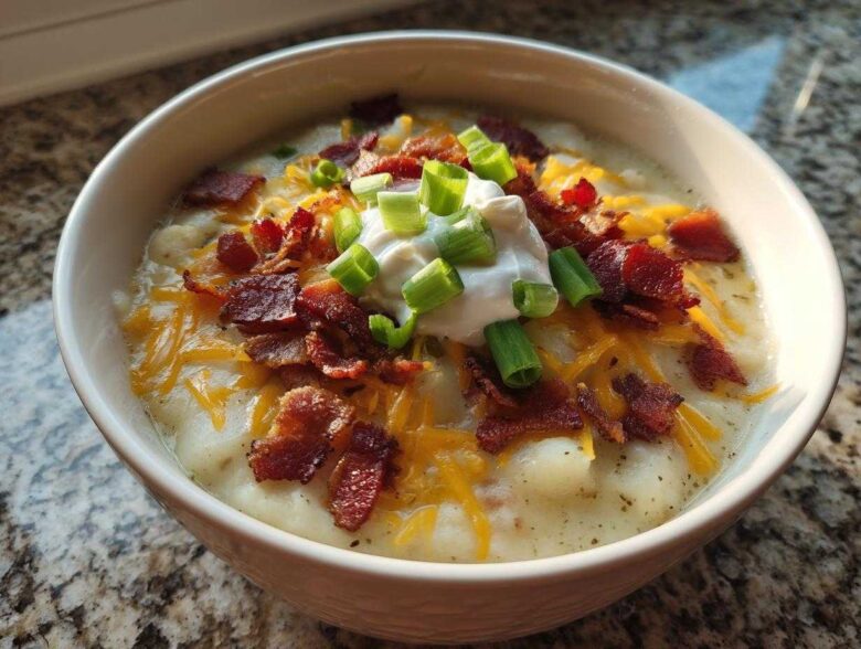 A close-up of a creamy bowl of loaded baked potato soup topped with cheddar cheese, bacon bits, sour cream, and green onions.