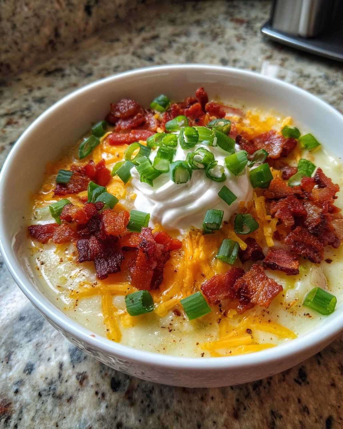 A creamy bowl of loaded baked potato soup topped generously with shredded cheddar, bacon bits, sour cream, and green onions.