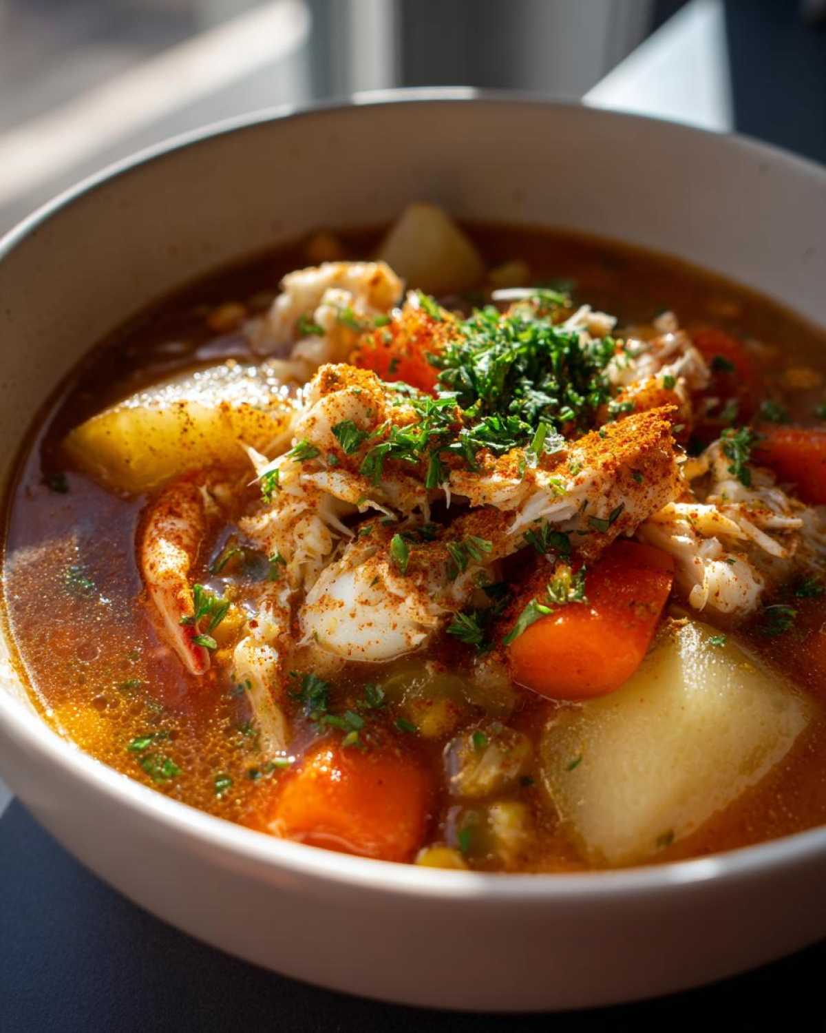 Close-up of a bowl of rich maryland crab soup, topped with flaked crab meat, parsley, and seasoning.