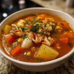 Close-up of a bowl of rich, tomato-based maryland crab soup filled with potatoes, carrots, corn, and topped with crab meat.