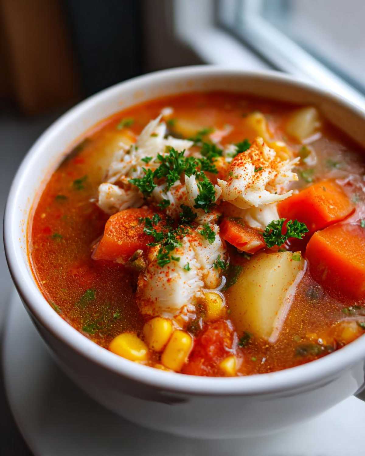 A close-up of a steaming bowl of maryland crab soup, topped with lump crab meat, parsley, and paprika.